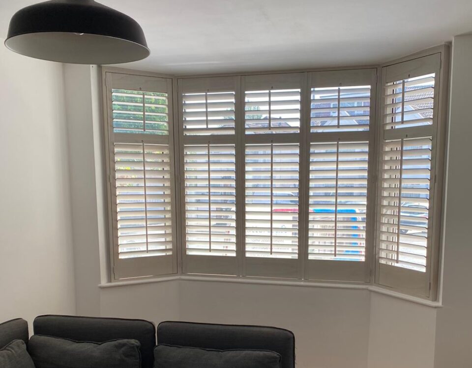 grey shutters modern living room