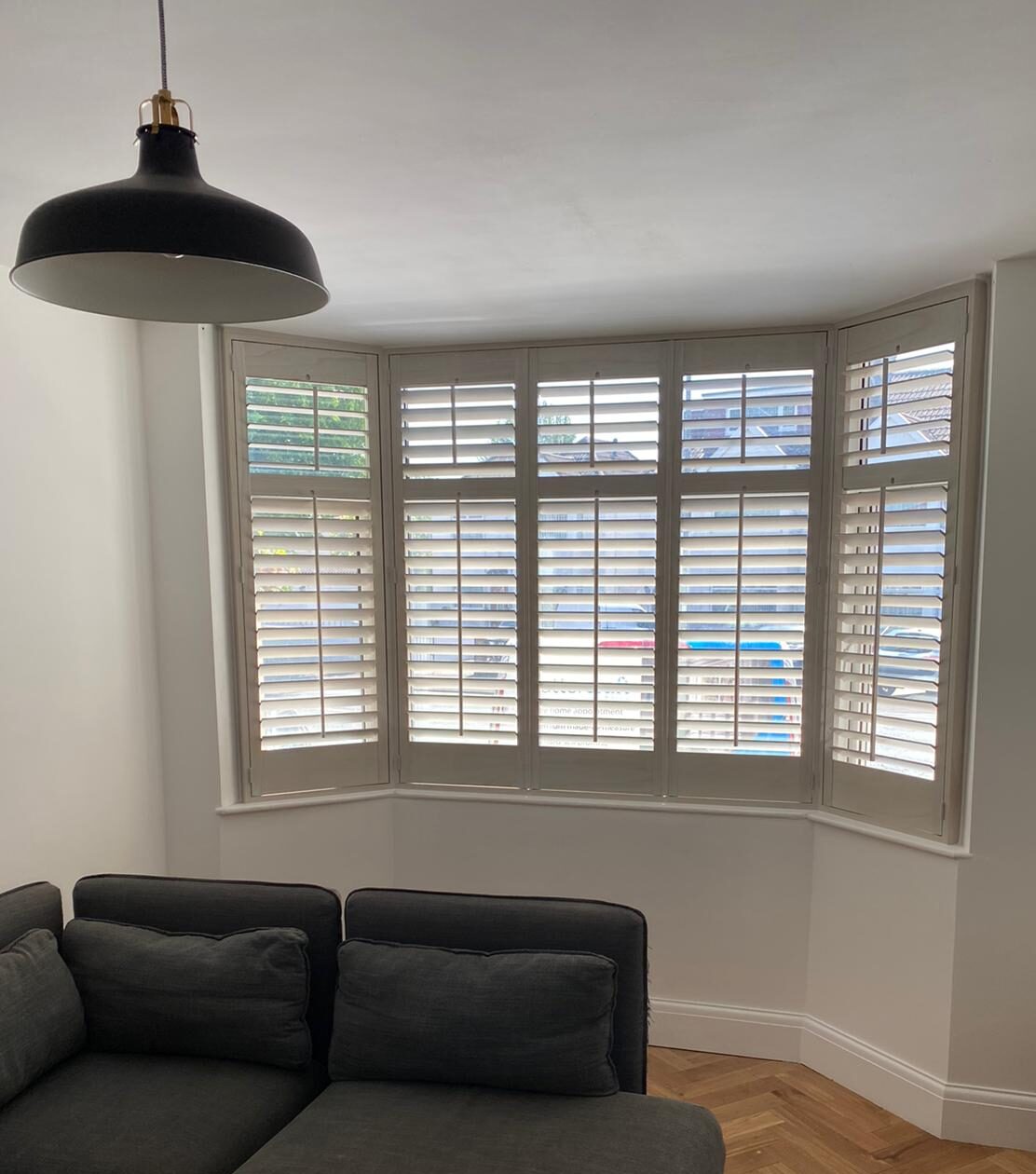 grey shutters modern living room